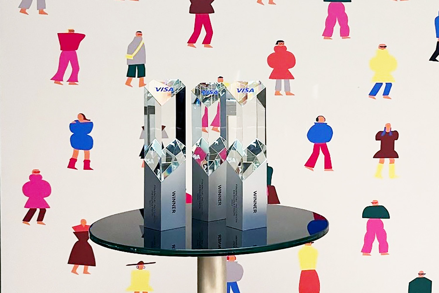 Close-up of the intricate trophies for Visa Financial Inclusion Designathon.