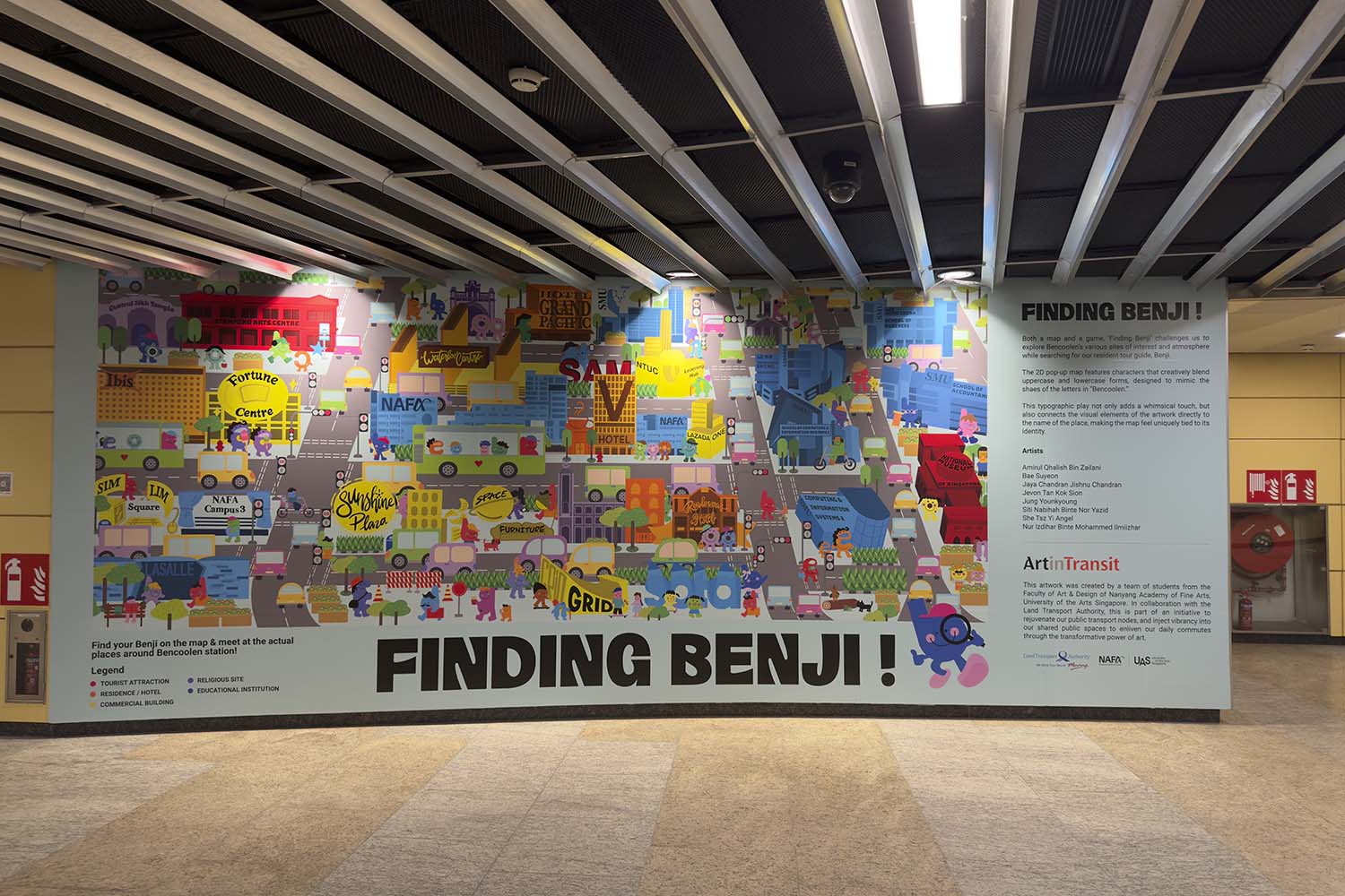 A huge, wide illustrated map for the Finding Benji minigame, displayed across a train walkway underground.