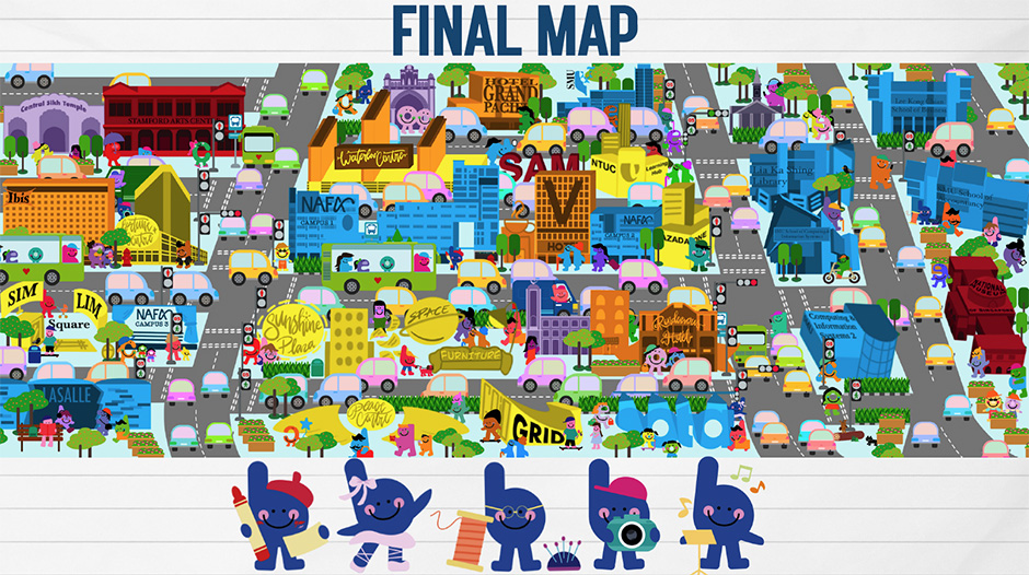 The final version of the illustrated map for the Finding Benji minigame, at the bottom shows 5 variations of Benji dressed up according to the various discipline of arts.