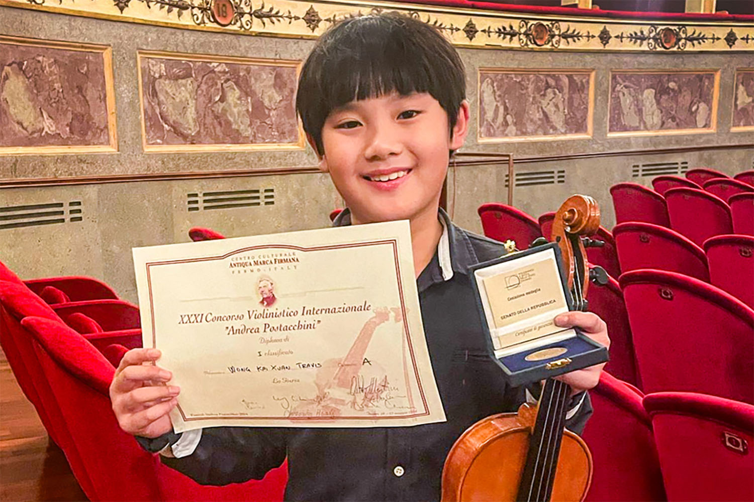 Wong Kai Xuan Travis, winner of the 31st Andrea Postacchini International Violin Competition in Fermo, Italy.
