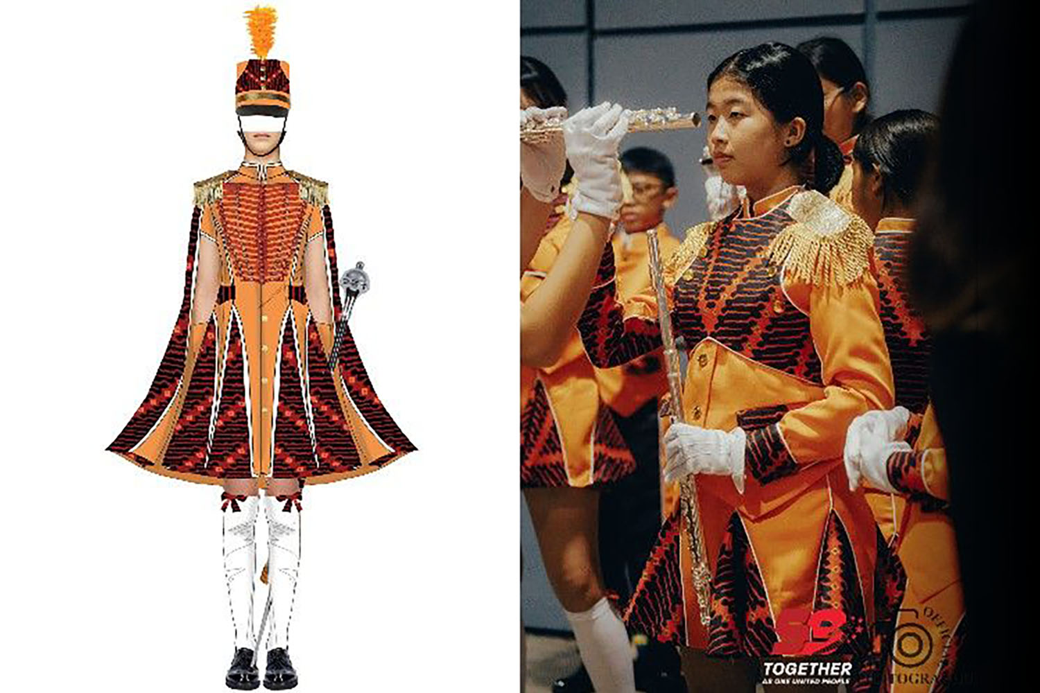 NDP59 female youth orange-yellow parade costume.